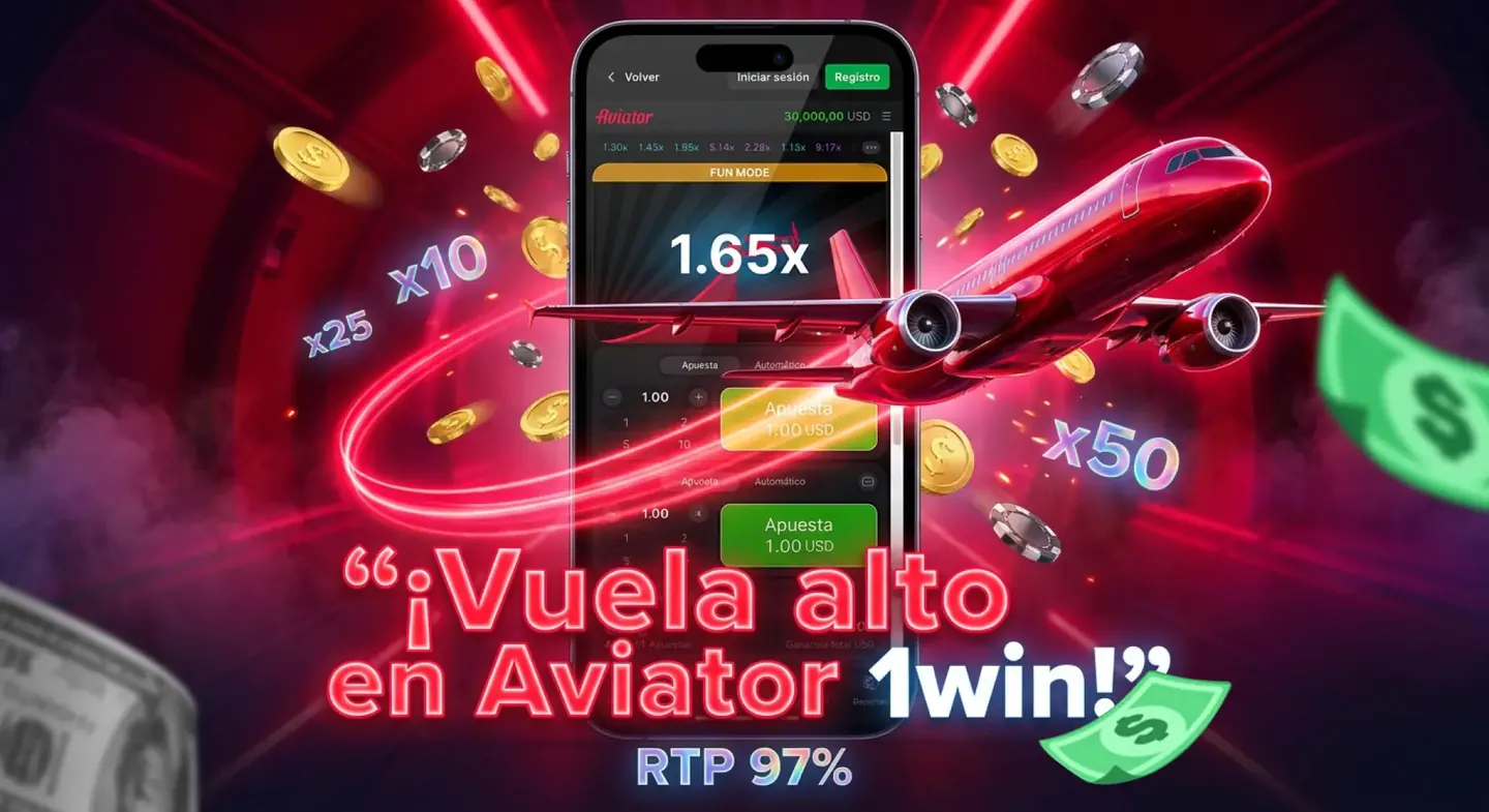 Ronda de Aviator en 1win con el multiplicador en pantalla